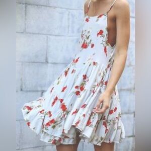 Free People Circle Of Flowers Dress Light Blue/Gray Red Flowers Flowy Me…